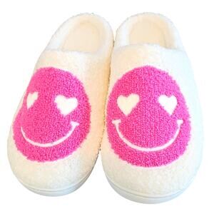 Festive Voice Women's Fuzzy Pink Smiley Face Heart Eye Slippers Size S/M (7-8)